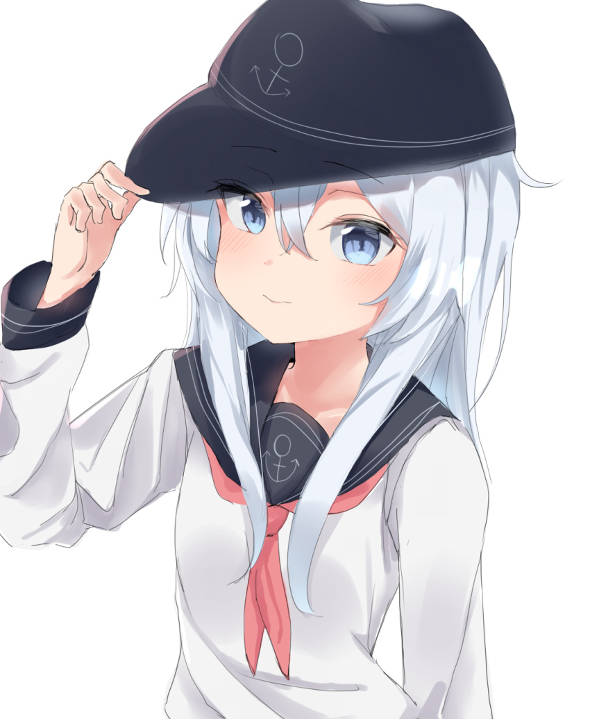 1girl anchor_symbol bangs black_headwear black_sailor_collar blue_eyes closed_mouth collarbone eyebrows_visible_through_hair flat_cap hair_between_eyes hand_on_headwear hand_up hat hibiki_(kancolle) highres kantai_collection long_hair long_sleeves looking_at_viewer neckerchief red_neckwear sailor_collar shirt silver_hair simple_background solo tachibana_(x_quick) upper_body white_background white_shirt