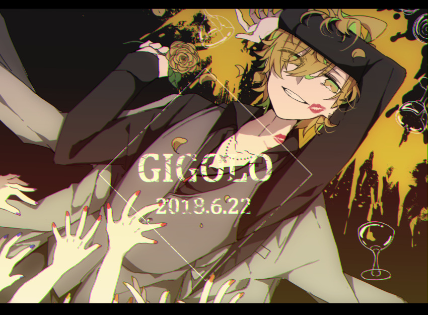 1boy black_shirt blonde_hair blue_nails cup drinking_glass eiku eyebrows_visible_through_hair eyes_visible_through_hair flower grey_vest hair_between_eyes hair_over_one_eye highres holding holding_flower hypnosis_mic izanami_hifumi jewelry letterboxed lipstick_mark long_sleeves looking_at_viewer male_focus nail_polish necklace parted_lips purple_nails red_nails ring rose shirt short_hair smile solo vest wine_glass yellow_eyes yellow_flower yellow_nails yellow_rose