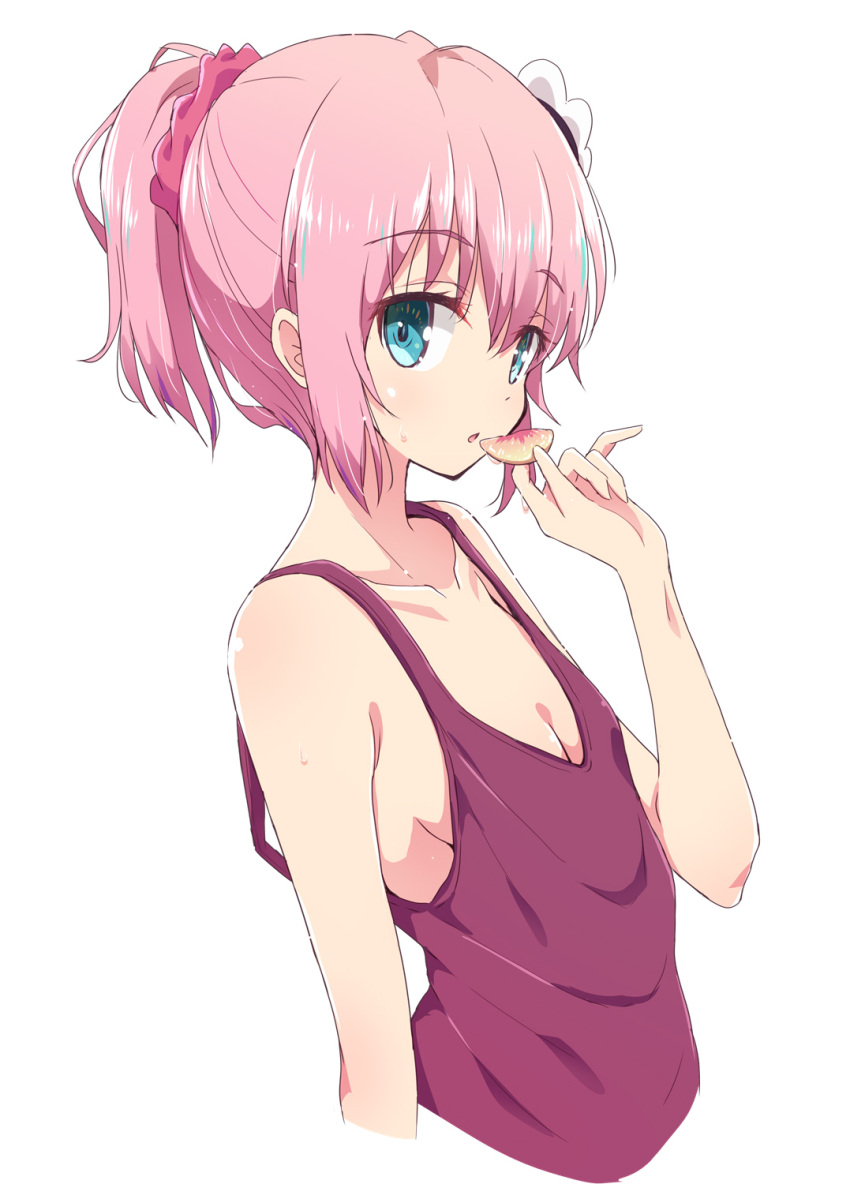 1girl aqua_eyes bangs breasts chiyoda_momo cleavage collarbone eyebrows_visible_through_hair food fruit hair_ornament hair_scrunchie hand_up highres holding holding_food looking_at_viewer machikado_mazoku mel_(melty_pot) pink_hair pink_scrunchie ponytail scrunchie short_hair sideboob simple_background small_breasts solo tank_top upper_body white_background