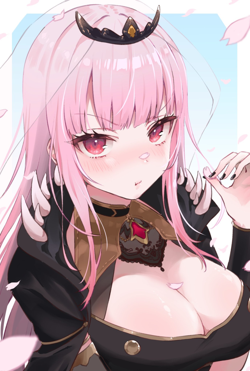 1girl :i armlet bangs black_dress black_nails blush breasts circlet cleavage cleavage_cutout closed_mouth clothing_cutout dress english_commentary eyebrows_visible_through_hair gradient gradient_background highres holding holding_petal hololive hololive_english holomyth houshou_marine_(artist) large_breasts long_hair mori_calliope nail_polish petals pink_eyes pink_hair pout shoulder_spikes simple_background solo spikes tiara tsurime upper_body veil virtual_youtuber
