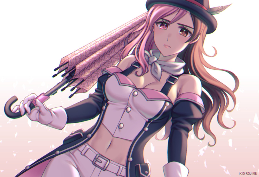 1girl artist_name belt belt_buckle black_headwear black_sleeves breasts brown_eyes brown_hair buckle cleavage closed_mouth closed_umbrella crop_top detached_sleeves dutch_angle floating_hair gloves hat hat_feather heterochromia holding holding_umbrella kio_rojine long_hair long_sleeves looking_at_viewer medium_breasts midriff navel neo_politan pants pink_eyes pink_hair pink_umbrella rwby solo stomach umbrella white_background white_belt white_gloves white_pants