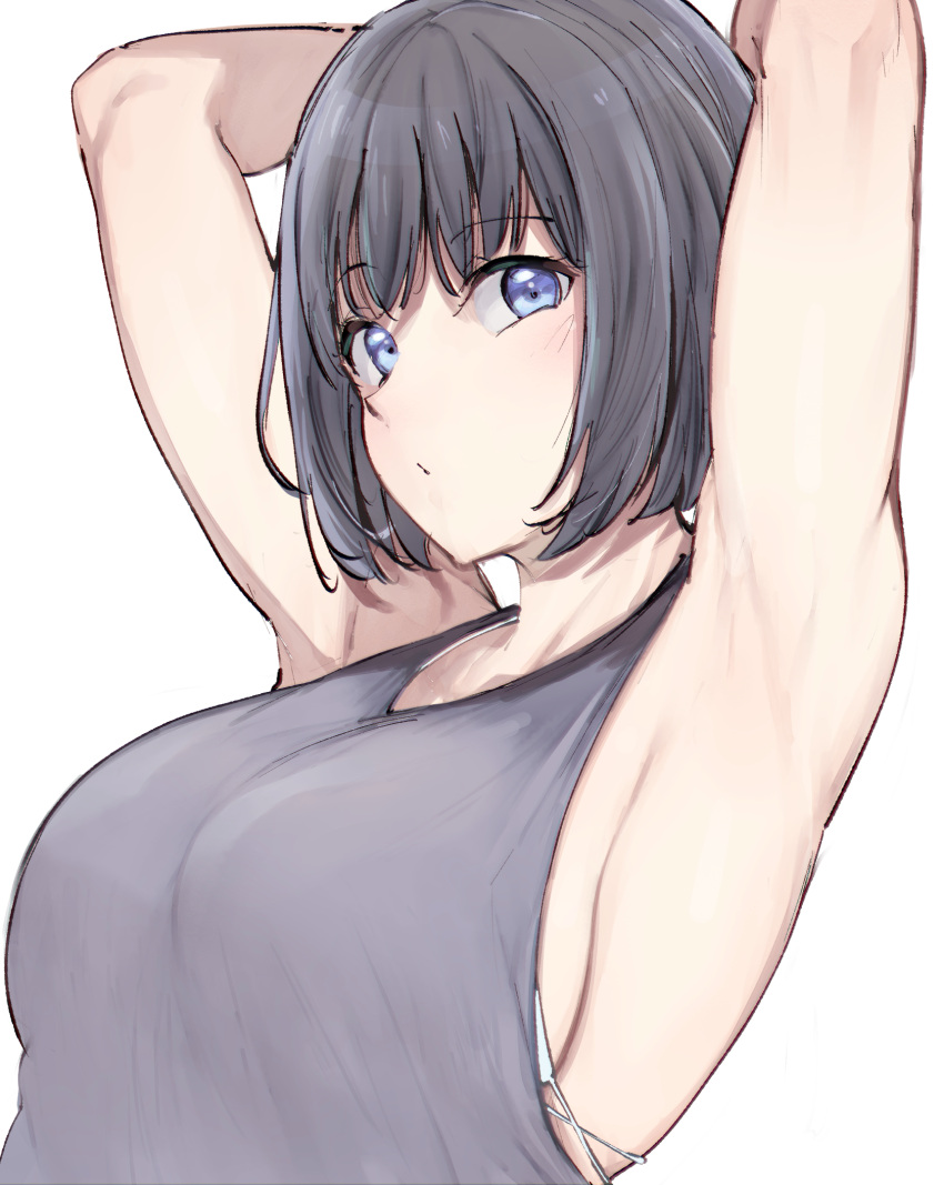 1girl alp armpits arms_behind_head arms_up bangs black_hair blue_eyes blush bob_cut bra bra_peek breasts closed_mouth eyebrows_visible_through_hair grey_tank_top highres large_breasts looking_at_viewer original short_hair sideboob simple_background sleeveless solo tank_top underwear upper_body white_background white_bra