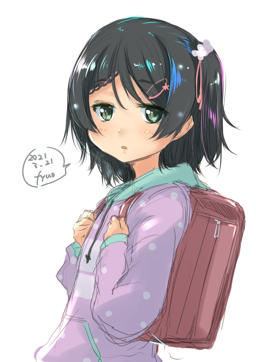 1girl artist_name backpack bag black_hair braid commentary_request dated fyuo green_eyes highres hood hooded_sweater hoodie kantai_collection looking_at_viewer official_alternate_costume one-hour_drawing_challenge polka_dot_sweater purple_sweater randoseru scirocco_(kancolle) short_hair simple_background solo sweater tan two_side_up upper_body white_background