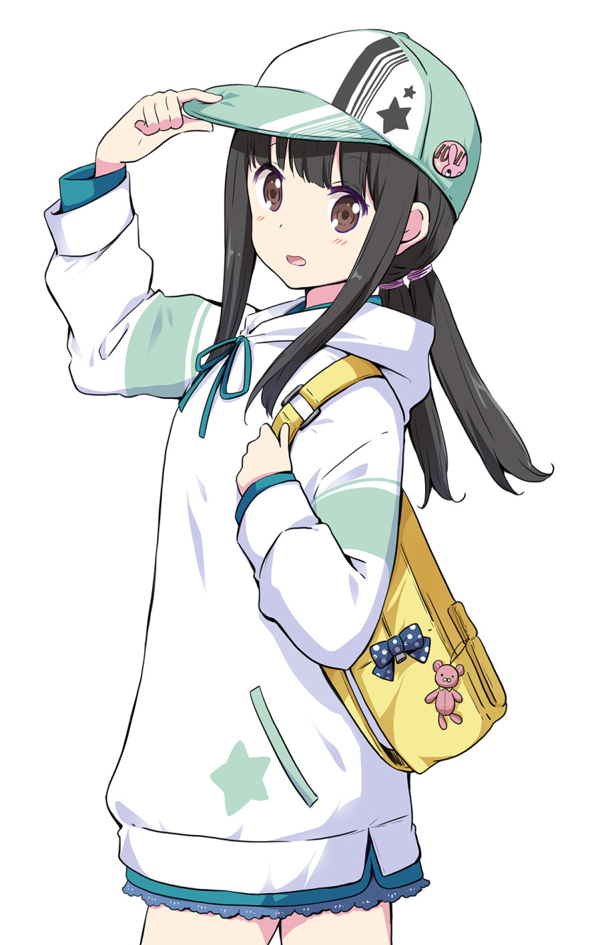 1girl arm_up backpack badge bag bangs baseball_cap black_hair blush brown_eyes button_badge chijou_noko chikanoko commentary_request cowboy_shot eyebrows_visible_through_hair green_headwear hand_on_headwear hat highres hood hood_down hoodie long_hair long_sleeves looking_at_viewer low_twintails open_mouth ragho_no_erika sidelocks simple_background solo standing twintails white_background white_hoodie