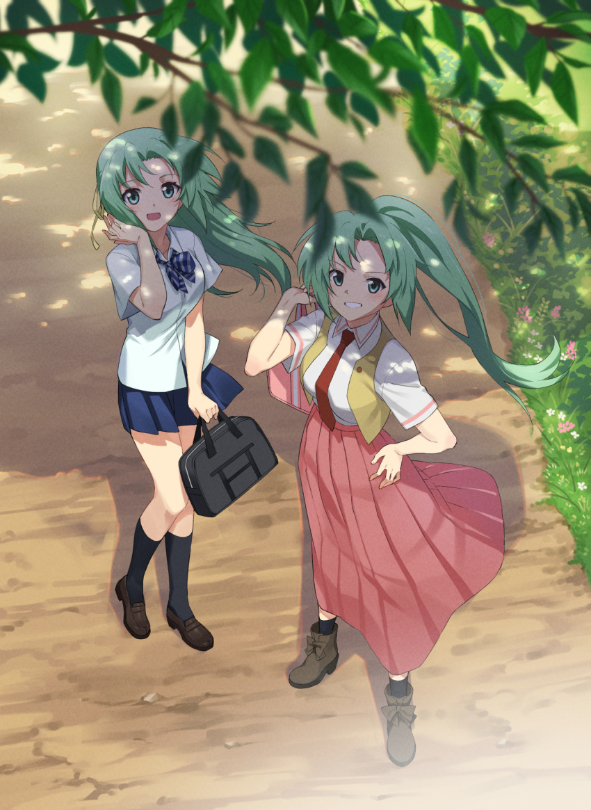 2girls :d black_legwear blue_skirt blush brown_footwear collared_shirt day dress_shirt floating_hair from_above full_body green_eyes green_hair grin gulim hair_ribbon hand_on_hip highres higurashi_no_naku_koro_ni kneehighs loafers long_hair long_skirt looking_at_viewer miniskirt multiple_girls necktie open_clothes open_mouth open_vest outdoors pleated_skirt ponytail red_neckwear red_skirt ribbon shiny shiny_hair shirt shoes short_sleeves siblings sisters skirt smile socks sonozaki_mion sonozaki_shion standing striped striped_neckwear twins very_long_hair vest white_shirt wing_collar yellow_ribbon yellow_vest