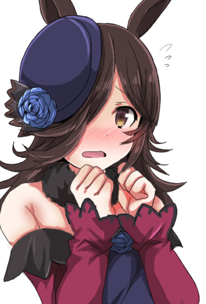 1girl animal_ears bare_shoulders black_neckwear blue_flower blue_headwear blue_rose blush brown_eyes brown_hair commentary dress embarrassed flower flower_ornament hair_over_one_eye hands_up hat hat_flower highres horse_ears horse_girl long_hair long_sleeves looking_at_viewer off-shoulder_dress off_shoulder open_mouth oshiruko_(uminekotei) rice_shower rose simple_background solo tilted_headwear umamusume upper_body white_background