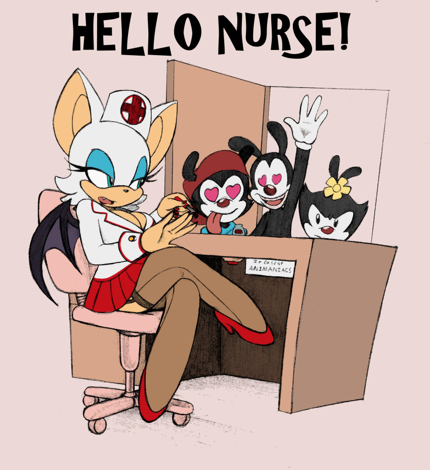 absurd_res animaniacs chiropteran clothing crossover dot_warner english_text female greeting hi_res inkblot male male/female mammal nurse_clothing nurse_uniform omegasunburst rouge_the_bat sonic_the_hedgehog_(series) sonic_x text uniform wakko_warner warner_brothers yakko_warner