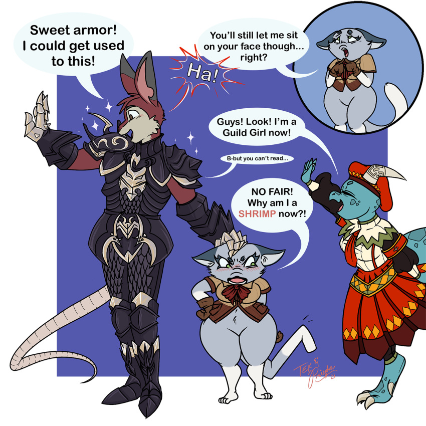 anthro armor blush capcom clothed clothing digital_media_(artwork) english_text felid feline felyne female fur gimmick_(tekandprieda) group hi_res horn kobold lynian male male/female mammal monster_hunter murid murine open_mouth palico prieda_(tekandprieda) rat red_body red_fur reptile rodent scalie short simple_background size_difference tek_(tekandprieda) tekandprieda_(artist) text thick_thighs video_games