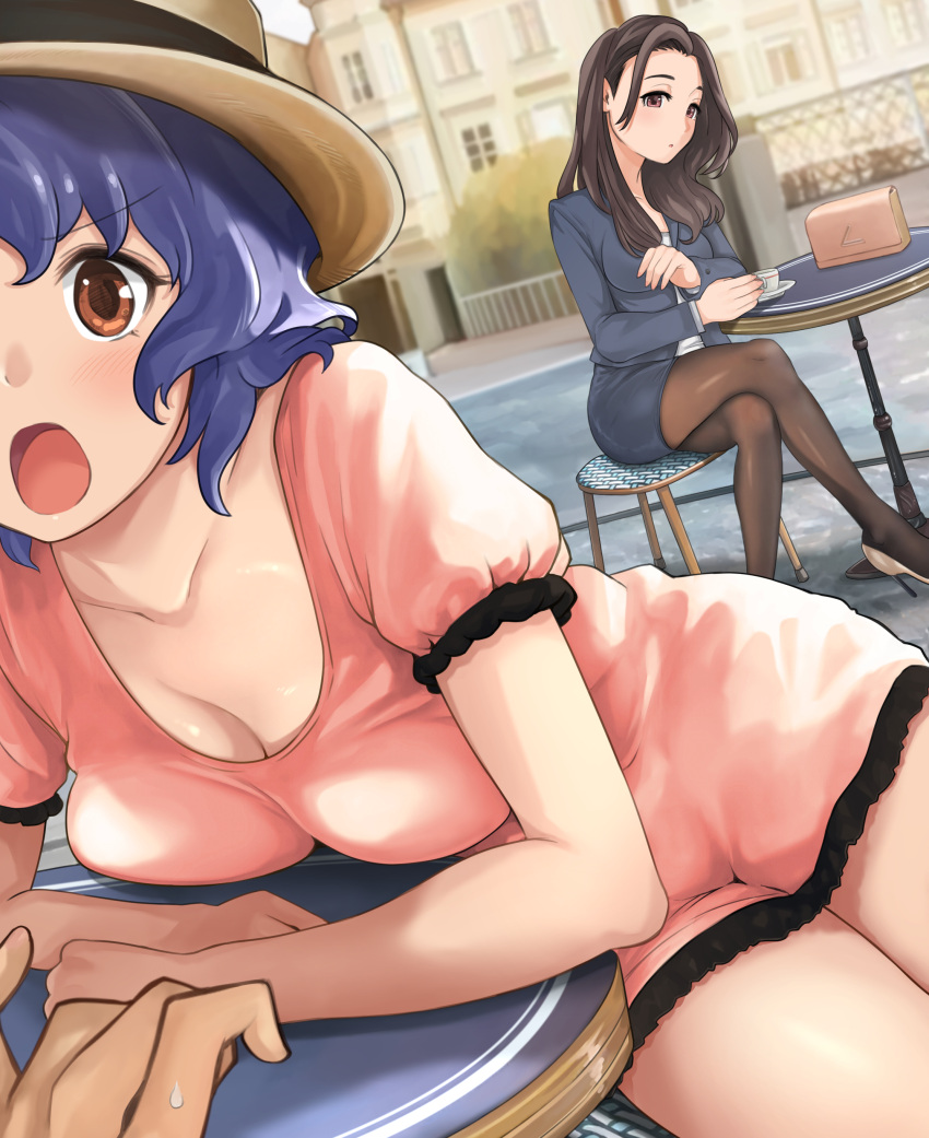 1boy 2girls :o absurdres angry arm_rest bag bangs beige_footwear black_hair black_jacket black_legwear black_skirt blue_hair blush breast_press breasts brown_eyes building cleavage coffee_mug collarbone crossed_legs cup dress hanamasa_ono handbag hat high_heels highres idolmaster idolmaster_million_live! jacket looking_at_viewer medium_breasts mug multiple_girls office_lady open_mouth outdoors pantyhose pink_dress shirt short_hair short_sleeves sitting skirt sun_hat tan toyokawa_fuuka white_shirt