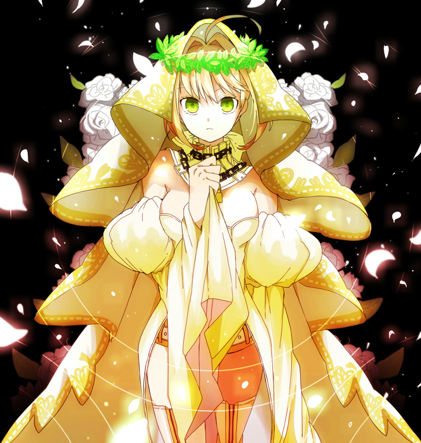 1girl ahoge bangs black_background blonde_hair breasts chain closed_mouth detached_collar detached_sleeves eiku eyebrows_visible_through_hair fate/grand_order fate_(series) flower green_eyes hand_up highres juliet_sleeves large_breasts long_sleeves looking_at_viewer nero_claudius_(bride)_(fate) nero_claudius_(fate)_(all) petals puffy_sleeves rose solo thighhighs veil white_flower white_rose white_sleeves wreath zettai_ryouiki
