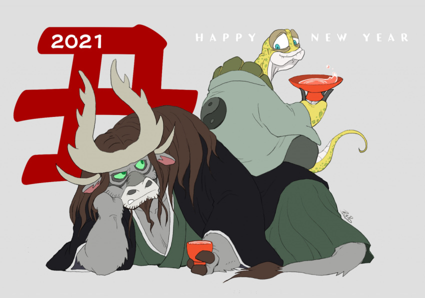 2021 anthro biped bovid bovine chinese_new_year chinese_zodiac clothed clothing dreamworks duo green_body holidays kai_the_collector kemono kung_fu_panda mammal master_oogway new_year planetlaika reptile scalie sitting text turtle year_of_the_ox