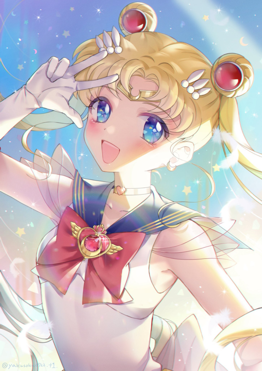 +1_(yakusoku0722) 1girl bishoujo_senshi_sailor_moon blonde_hair blue_eyes blue_sailor_collar brooch choker commentary_request crescent crescent_earrings earrings gloves heart heart_choker highres jewelry leotard long_hair looking_at_viewer red_neckwear sailor_collar sailor_moon sailor_senshi_uniform smile solo super_sailor_moon tiara tsukino_usagi twintails upper_body v white_gloves white_leotard