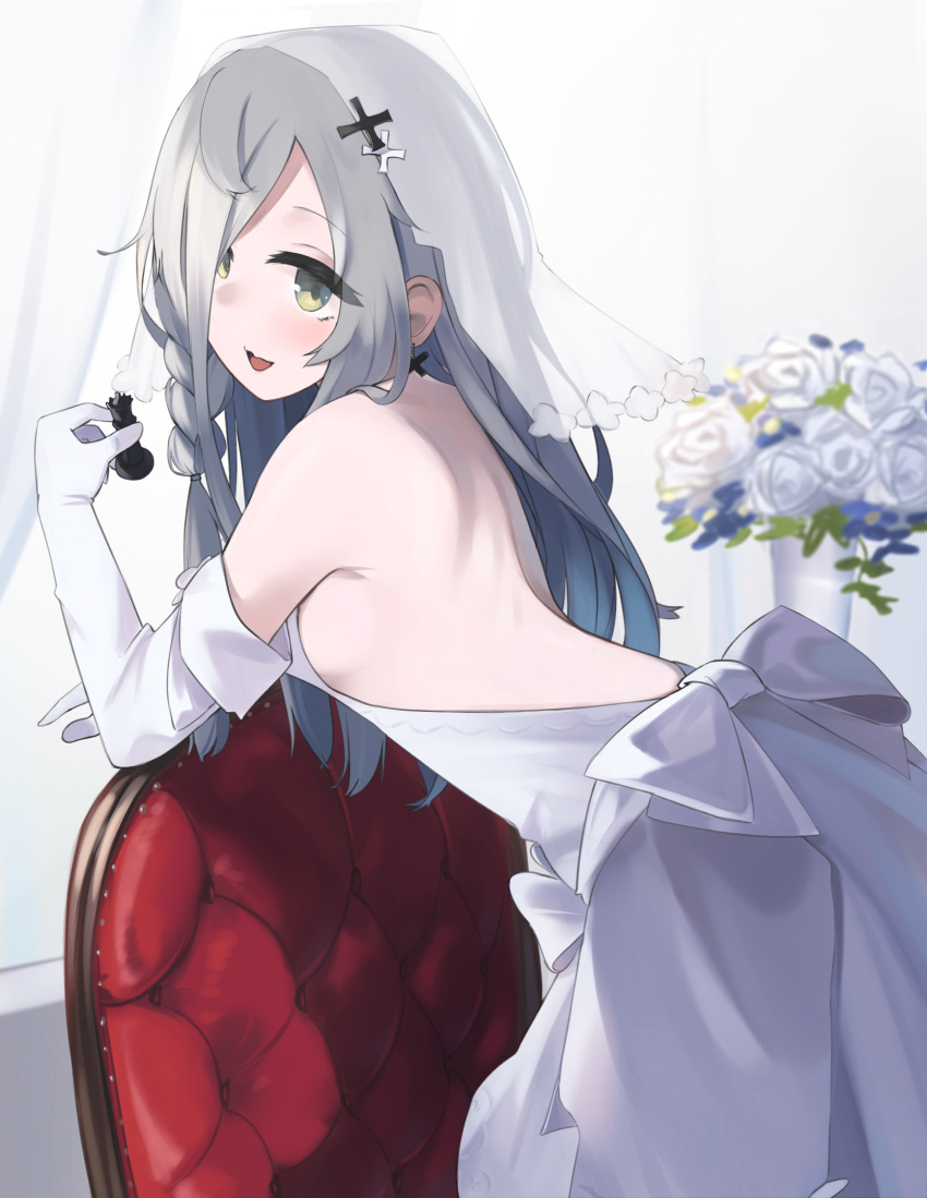 1girl :d bangs bare_shoulders blue_flower bow chess_piece commentary dress elbow_gloves eyebrows_visible_through_hair flower girls_frontline gloves green_eyes grey_hair hair_over_one_eye highres hinami047 holding long_hair looking_at_viewer looking_back open_mouth rose see-through smile solo veil very_long_hair white_bow white_dress white_flower white_gloves white_rose xm8_(girls_frontline)