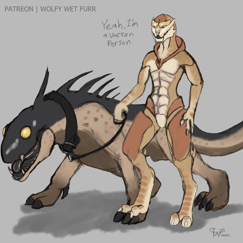 2_toes 3_fingers 3_toes absurd_res alien anthro claws collar feet female feral fingers furry hi_res invalid_tag leash male mass_effect master nude paws pet size_difference teeth toes tongue tongue_out turian varren video_games wolfywetfurr_(artist)