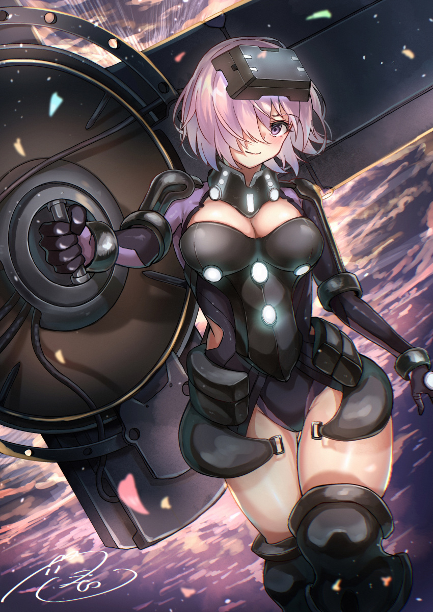 1girl absurdres armor breasts clip_studio_paint_(medium) fate/grand_order fate_(series) fueto_hiroki hair_over_one_eye highres holding holding_shield holding_weapon looking_at_viewer mash_kyrielight ortenaus purple_eyes purple_hair shield short_hair solo thighs weapon