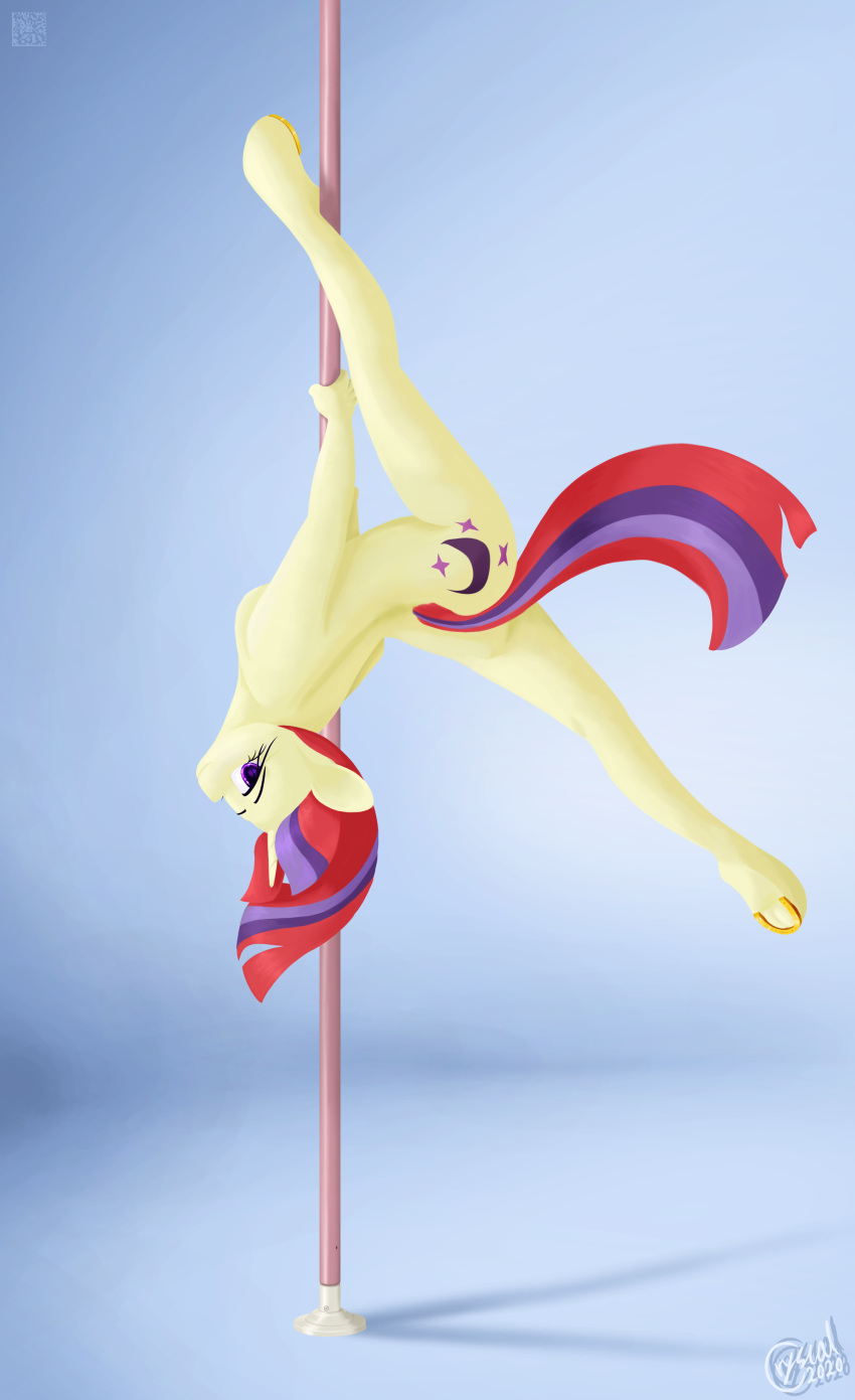 absurd_res alicorn-without-horn anthro cutie_mark dancing female friendship_is_magic hasbro hi_res hooves horn looking_at_viewer moondancer_(mlp) my_little_pony nude pole pole_dancing simple_background solo underhoof unguligrade_anthro unicorn_horn upside_down