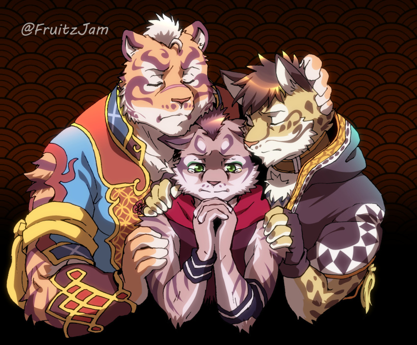 3boys animal_ears animal_print bara boy_sandwich brown_hair cat_nose chest_tuft closed_eyes crying english_commentary fingerless_gloves fluffy fruitz_(fruitzjam) furry furry_male gloves green_eyes hand_on_another's_head hand_on_another's_shoulder highres leopard_boy leopard_ears leopard_print lin_hu_(nekojishi) multiple_boys muscular muscular_male nekojishi own_hands_clasped own_hands_together sad sandwiched tassel tearing_up tears tiger_boy tiger_ears white_hair wristband