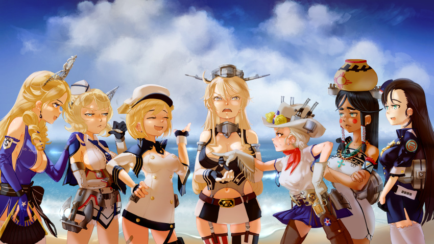 6+girls arizona_(azur_lane) azur_lane beach blonde_hair breasts california_(azur_lane) character_request closed_eyes colorado_(kancolle) contrapposto crossover detached_sleeves earrings garter_straps hair_between_eyes hat highres iowa_(kancolle) jewelry kantai_collection large_breasts long_hair medium_breasts multiple_girls navel pacific rigging short_hair smile thighhighs thighs toorops