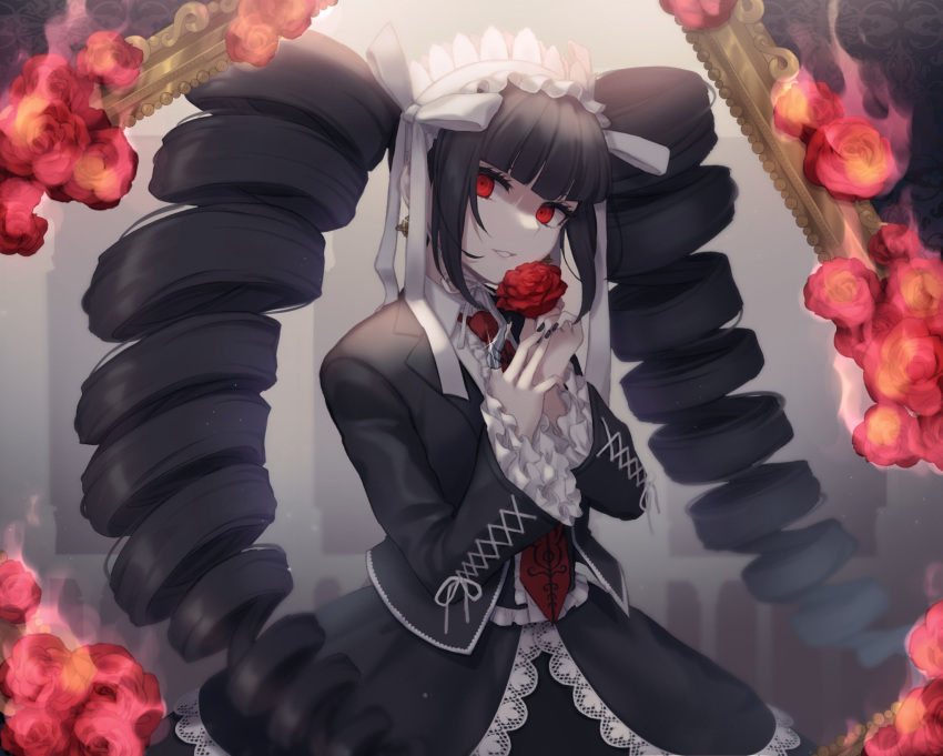 1girl bangs black_hair black_legwear black_nails black_skirt bonnet celestia_ludenberg center_frills commentary_request danganronpa:_trigger_happy_havoc danganronpa_(series) drill_hair earrings flower framed frilled_sleeves frills gothic_lolita hands_up highres holding holding_flower jacket jewelry lace-trimmed_skirt lace_trim layered_skirt lolita_fashion long_hair long_sleeves looking_at_viewer mizukura_ion nail_polish necktie red_eyes red_flower red_neckwear red_rose rose shirt skirt smile solo steam teeth thighhighs twin_drills twintails