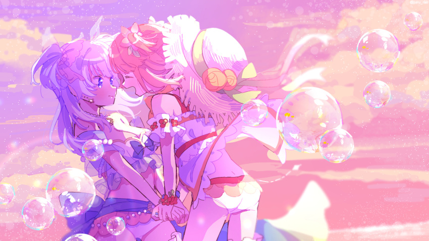 2girls akino_kaede ass backlighting blue_eyes blue_hair breasts bubble closed_mouth clothes_lift cloud cloudy_sky earrings face-to-face flower frills frown gradient gradient_sky hat headwear_removed highres holding_hands jewelry large_breasts laughing lens_flare light_blush light_particles looking_at_another magia_record:_mahou_shoujo_madoka_magica_gaiden mahou_shoujo_madoka_magica medium_hair minami_rena multiple_girls nervous orange_flower orange_rose outdoors paru_rari pink_sky profile purple_sky red_hair red_sky rose shy sky star_(symbol) star_earrings straw_hat sun_hat sunlight sunset swimsuit two_side_up wide_shot