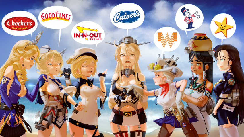 6+girls arizona_(azur_lane) azur_lane beach blonde_hair breasts california_(azur_lane) carl's_jr. character_request closed_eyes colorado_(kancolle) contrapposto crossover detached_sleeves earrings garter_straps hair_between_eyes hat highres in-n-out_burger iowa_(kancolle) jewelry kantai_collection large_breasts logo_request long_hair medium_breasts multiple_girls navel pacific revision rigging short_hair smile speech_bubble thighhighs thighs toorops