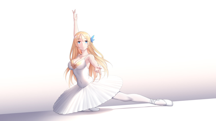 1girl ballerina ballet ballet_dress ballet_slippers bangs blonde_hair blue_eyes breasts cleavage closed_mouth covered_navel dress eyebrows_visible_through_hair floor hand_up highres long_hair looking_at_viewer medium_breasts pantyhose saratoga_(warship_girls_r) sitting slippers smile solo warship_girls_r white_background white_dress white_footwear white_legwear zhixiang_zhi