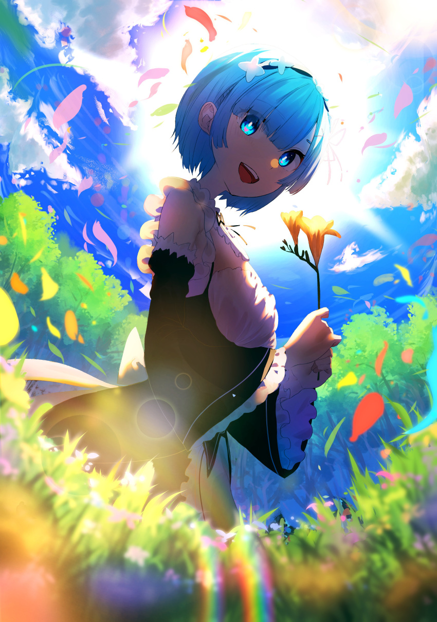 1girl 38_(sanjuuhachi) :d absurdres armpit_crease bangs black_dress black_neckwear black_ribbon blue_eyes blue_hair blush breasts chromatic_aberration cloud day detached_sleeves dress eyes_visible_through_hair flower forest frilled_sleeves frills from_below from_side glowing glowing_eyes grass hair_ornament hair_over_one_eye hair_ribbon hands_up happy highres holding holding_flower lens_flare lily_(flower) long_sleeves looking_at_viewer looking_down looking_to_the_side maid nature open_mouth orange_flower outdoors petals pink_ribbon rainbow re:zero_kara_hajimeru_isekai_seikatsu rem_(re:zero) ribbon roswaal_mansion_maid_uniform short_hair sidelocks sky small_breasts smile solo sun swept_bangs tree upper_teeth wide_sleeves wind x_hair_ornament
