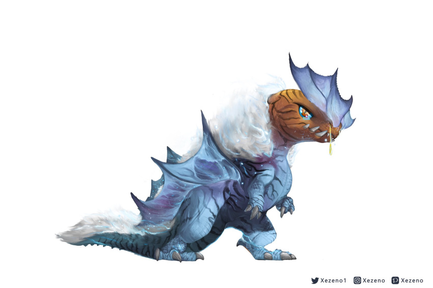 ambiguous_gender anjanath blue_body blue_scales bodily_fluids brute_wyvern capcom digital_media_(artwork) feral fulgur_anjanath hi_res monster_hunter runny_nose scales simple_background snot solo video_games white_background xezeno