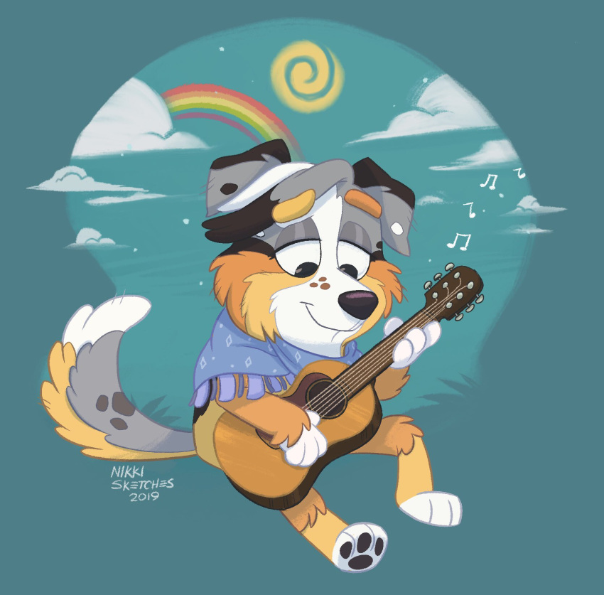 anonymous_artist anthro australian_shepherd bandanna blue_bandanna blue_kerchief blue_merle bluey_(show) calypso_(bluey) canid canine canis domestic_dog female guitar herding_dog hi_res kerchief mammal musical_instrument pastoral_dog plucked_string_instrument rainbow sheepdog signature smile solo string_instrument sun