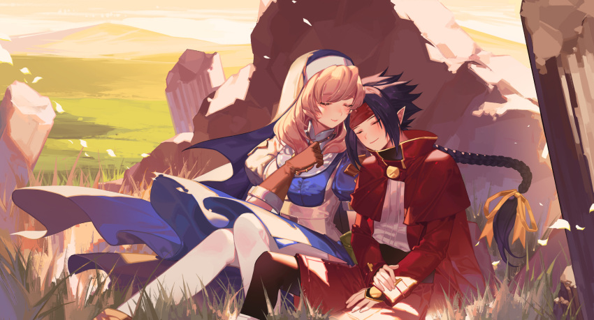 1boy 1girl androgynous black_legwear blonde_hair blue_dress blush braid broken_pillar brown_gloves capelet chrono chrono_crusade closed_eyes closed_mouth dress gloves grass habit hair_ribbon highres hill leaning_on_person legs_together light_smile long_hair long_sleeves nun orange_sekaii outdoors pillar pointy_ears purple_hair ribbon rosette_christopher single_braid very_long_hair white_legwear yellow_ribbon