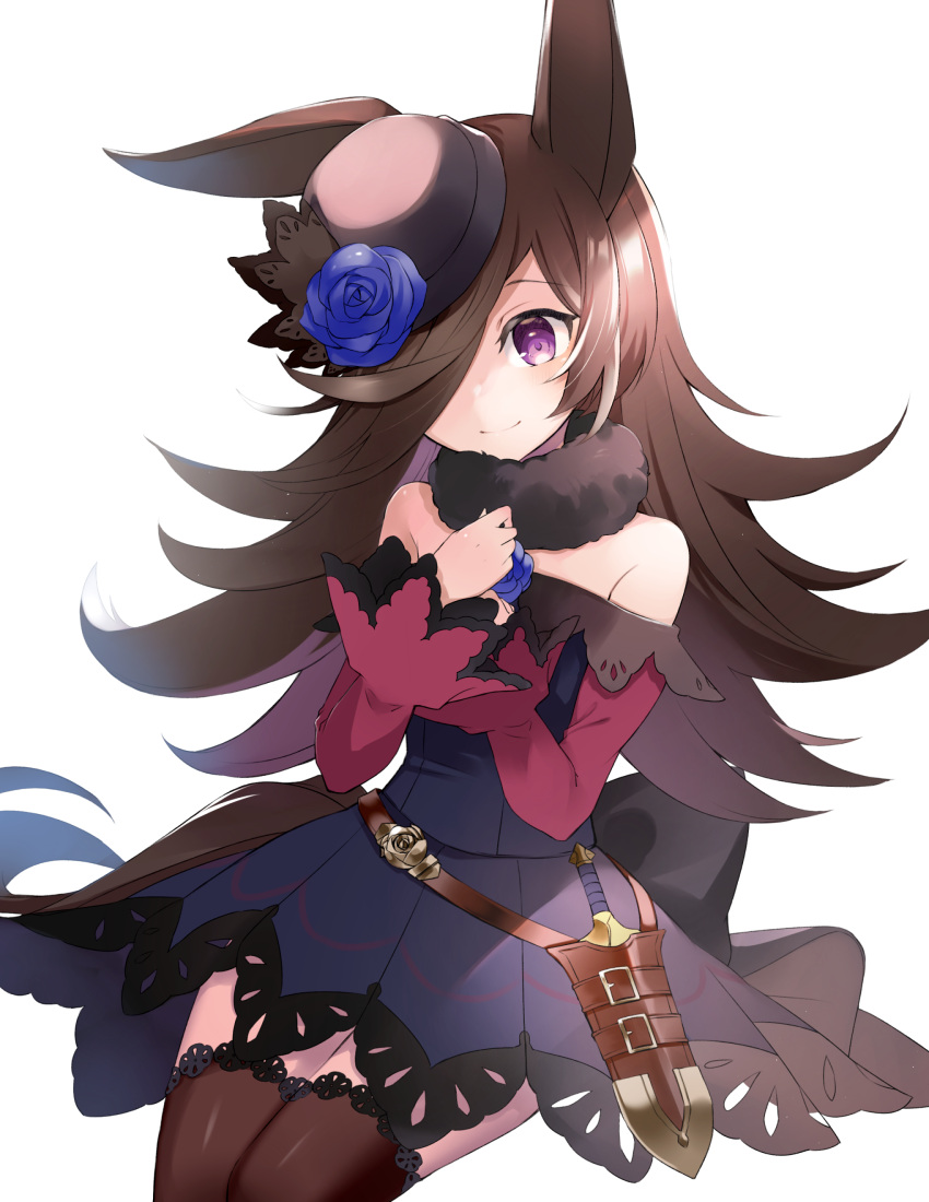 1girl absurdres animal_ears bangs bare_shoulders black_dress black_headwear blue_flower blue_rose brown_hair brown_legwear closed_mouth commentary_request dagger dress eyebrows_visible_through_hair flower hair_over_one_eye hands_up hat hat_flower highres horse_ears kyomu_(kyomu_lwl) long_hair long_sleeves off-shoulder_dress off_shoulder purple_eyes rice_shower rose simple_background sitting sleeves_past_wrists smile solo thighhighs tilted_headwear umamusume very_long_hair weapon white_background