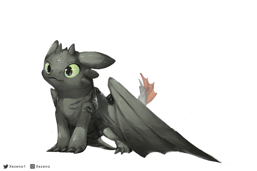 ambiguous_gender claws digital_media_(artwork) dragon dreamworks feral green_eyes hi_res horn how_to_train_your_dragon membrane_(anatomy) membranous_wings night_fury scalie simple_background smile solo standing toothless western_dragon white_background wings xezeno