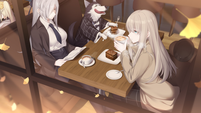 1other 3girls aqua_eyes aqua_nails belt black_jacket black_legwear blazer blonde_hair blue_neckwear blue_skirt book bow bowtie braid breasts brown_jacket cafe character_request coffee coffee_cup cup disposable_cup dog eyebrows_visible_through_hair food french_braid hancock_(warship_girls_r) hat hat_removed headwear_removed holding holding_book holding_cup jacket lexington_(cv-16)_(warship_girls_r) long_hair looking_at_another looking_away medium_breasts multiple_girls nail_polish necktie open_blazer open_clothes open_jacket pantyhose reading shirt silver_hair sitting skirt table tagme warship_girls_r white_shirt window yellow_eyes zhixiang_zhi