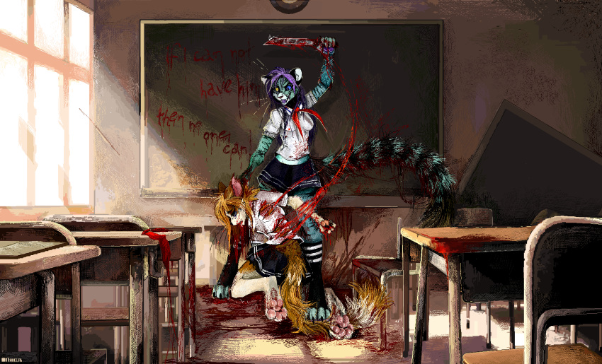 anthro black_body black_fur blood blood_on_clothing blood_on_hand blood_splatter bloody_knife blue_body blue_eyes blue_fur bodily_fluids bottomwear breasts brown_body brown_fur chair classroom claws clothed clothing desk detailed detailed_background digital_media_(artwork) domestic_cat duo ears_up eyes_closed felid feline felis female female/female fight floor fluffy fluffy_tail fur furniture gore happy heterochromia hi_res holding_object holding_weapon hybrid inner_ear_fluff inside jeffusherb killing kneeling knife legwear long_tail looking_at_another looking_pleasured mammal markings multicolored_body multicolored_fur necktie pantherine pawpads paws pixel_(artwork) school school_uniform shirt skirt standing stockings striped_tail stripes table tan_body tan_fur text tiger toe_claws topwear tuft two_tone_body two_tone_fur uniform violence weapon whisker_markings wounded yellow_eyes