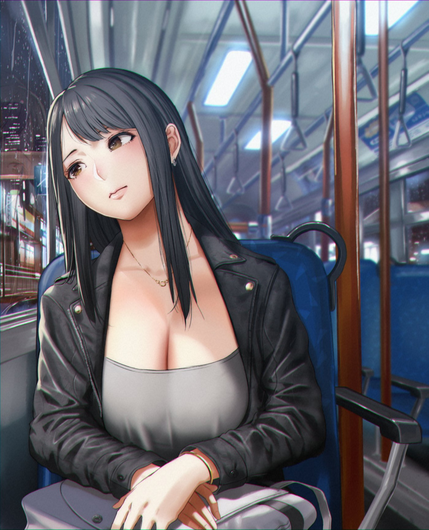 1girl bangs black_hair black_jacket bracelet breasts bron cleavage earrings grey_shirt head_tilt highres jacket jewelry large_breasts long_hair looking_to_the_side necklace original seat shirt sitting train_interior urasuji_samurai