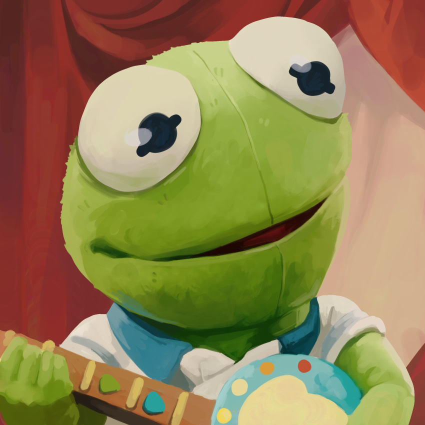 1boy absurdres collared_shirt curtains frog guitar highres holding instrument kermit_the_frog muppets open_mouth polo_shirt shirt short_sleeves skyler solo upper_body white_shirt