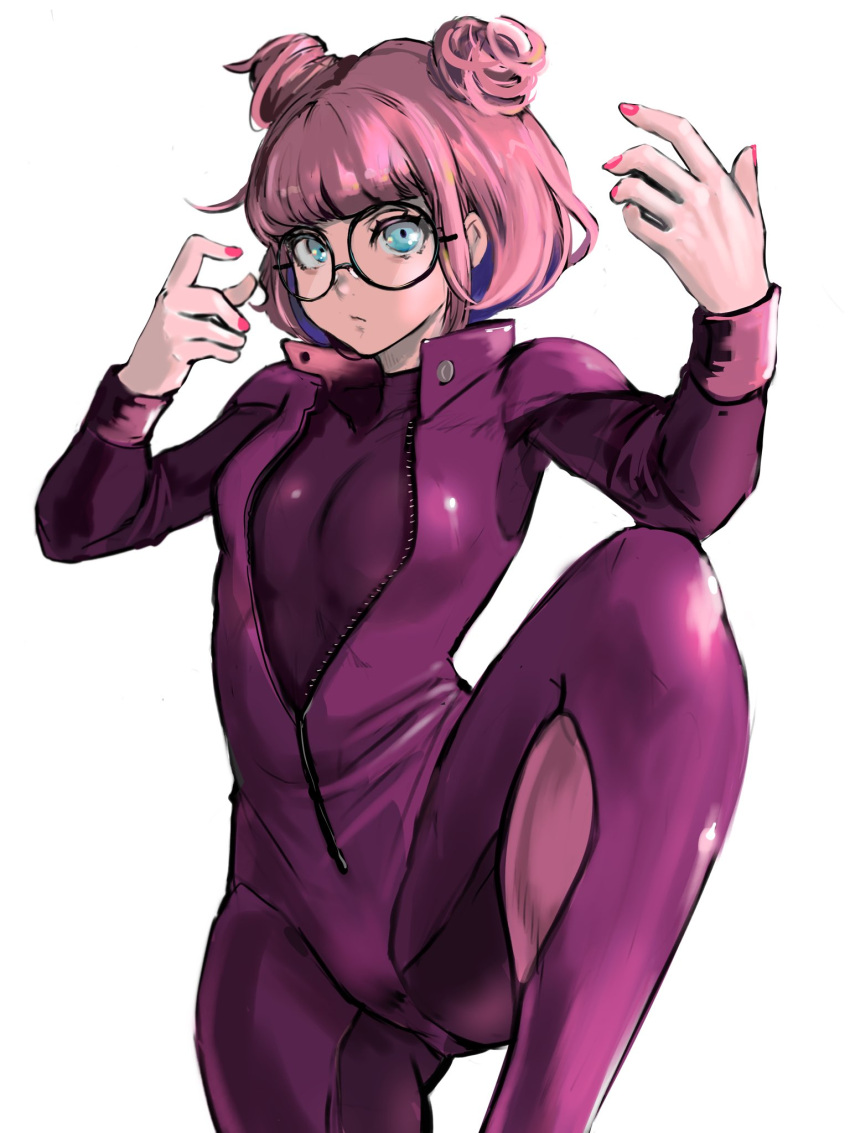 1girl 6maker aqua_eyes bangs bodysuit borrowed_character breasts cosplay double_bun expressionless glasses han_juri han_juri_(cosplay) hands_up highres leg_up lulu_(luulubuu) medium_breasts original pink_hair pink_nails purple_bodysuit round_eyewear short_hair simple_background solo street_fighter street_fighter_v white_background zipper