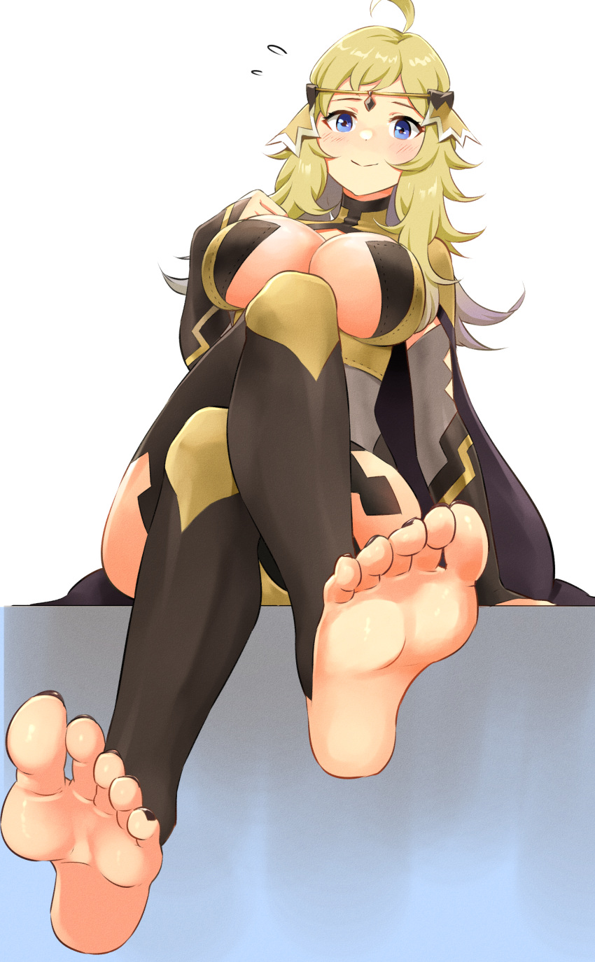 1boy 1girl absurdres ahoge bangs barefoot blonde_hair blue_eyes breasts bridal_gauntlets circlet commission commissioner_upload feet fire_emblem fire_emblem_fates fire_emblem_heroes foot_massage highres igni_tion large_breasts looking_at_viewer ophelia_(fire_emblem) sitting thighhighs turtleneck