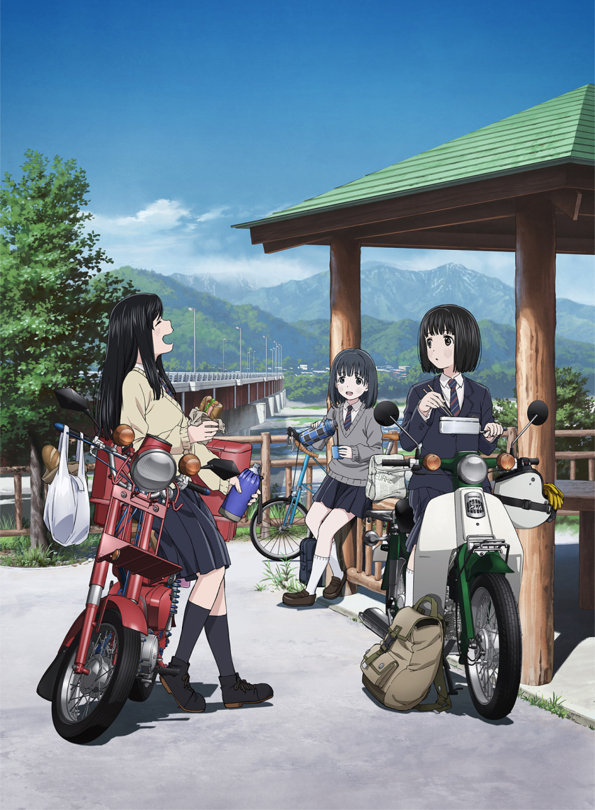 3girls backpack bag beige_cardigan bicycle black_footwear black_hair blazer blue_jacket blue_skirt bob_cut bottle brown_eyes brown_footwear cardigan chopsticks collared_shirt eniwa_shii food grey_cardigan ground_vehicle helmet highres holding holding_bottle holding_chopsticks holding_food honda honda_super_cub jacket key_visual koguma_(super_cub) loafers long_hair motorcycle_helmet multiple_girls necktie obentou official_art reiko_(super_cub) sandwich school_bag school_uniform shirt shoes shopping_bag short_hair skirt super_cub white_legwear white_shirt