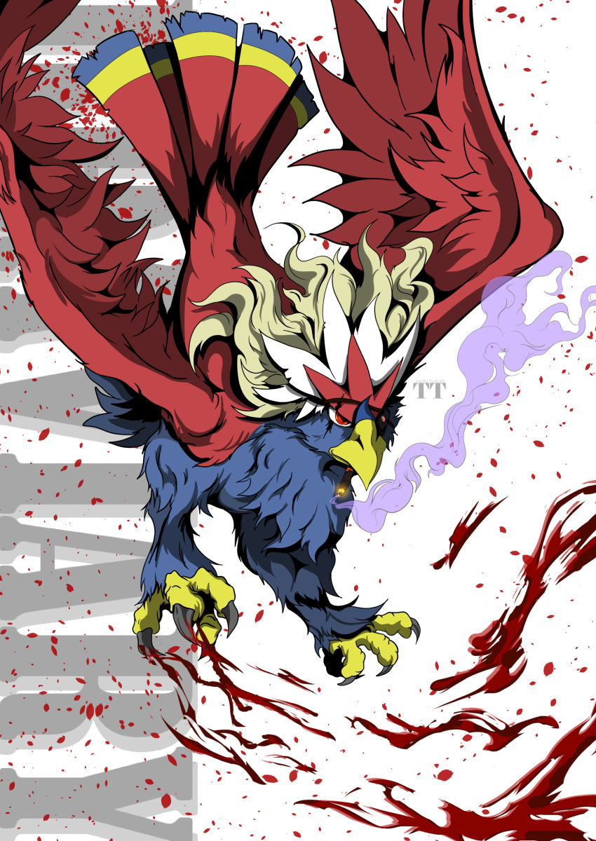 absurdres bird braviary character_name closed_mouth eyepatch gen_5_pokemon highres mixed-language_commentary no_humans orange_eyes pokemon pokemon_(creature) solo t0k0d18 talons