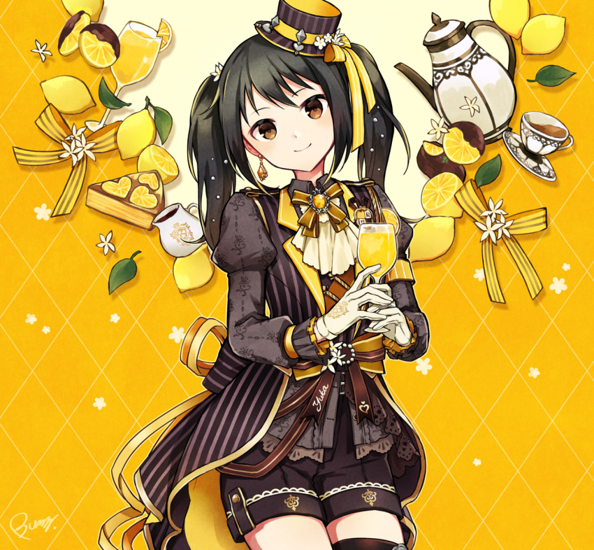 1girl buzz cake cake_slice earrings flower food fruit gloves hat hat_ribbon highres idolmaster idolmaster_cinderella_girls jewelry lace-trimmed_sleeves lace_trim leaf lemon lemon_slice long_sleeves nakano_yuka name_tag rhombus_background ribbon ribbon-trimmed_collar ribbon_trim shorts solo striped_jacket teapot twintails yellow_background