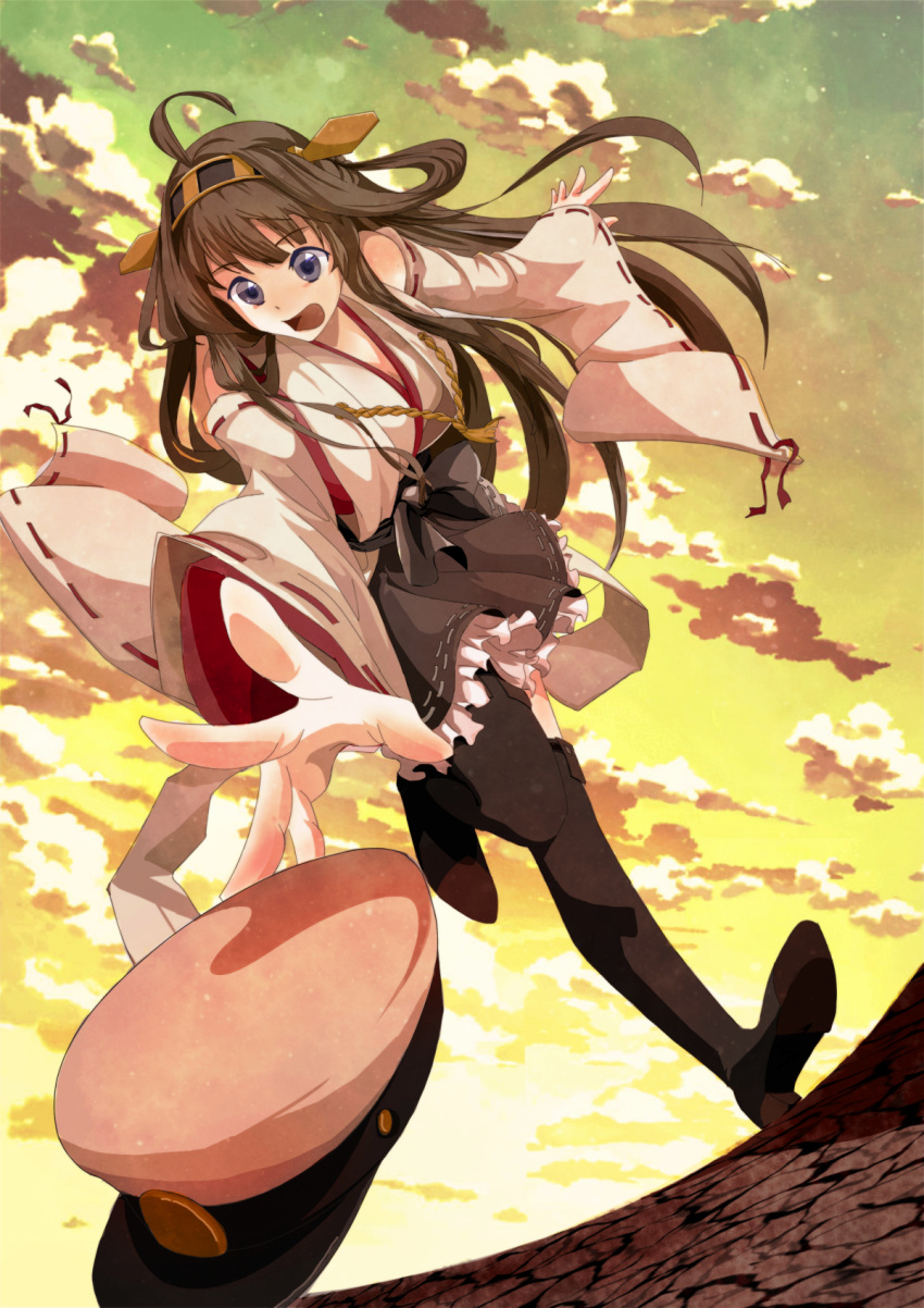 1girl :o ahoge bare_shoulders boots brown_hair brown_skirt detached_sleeves double_bun frilled_skirt frills from_below full_body hat headgear high_heel_boots high_heels highres kanatorasan kantai_collection kongou_(kancolle) leg_up long_hair looking_down military_hat nontraditional_miko purple_eyes remodel_(kantai_collection) skirt solo sunset thigh_boots thighhighs