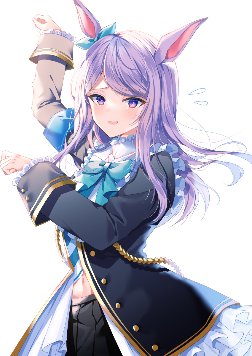 1girl :d absurdres animal_ears armband arms_up bangs black_coat black_skirt blue_bow blue_neckwear blue_ribbon blush bow bowtie coat cowboy_shot eyebrows_visible_through_hair flying_sweatdrops frilled_sleeves frills hair_ribbon highres horse_ears long_hair long_sleeves looking_at_viewer mejiro_mcqueen myusha navel nervous_smile open_clothes open_coat open_mouth pleated_skirt purple_eyes purple_hair ribbon simple_background skirt smile solo swept_bangs umamusume unbuttoned white_background