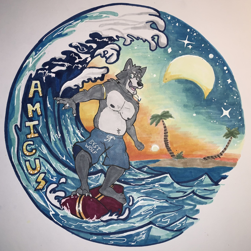 adastra adastra_(series) amicus_(adastra) anthro blue_eyes bracelet canid canine canis clothing echo_project hi_res island jewelry laugh male mammal moon necklace sea shirtless_male solo solo_focus star surfboard surfing swimwear the_blue_prussian video_games visual_novel water wave wolf