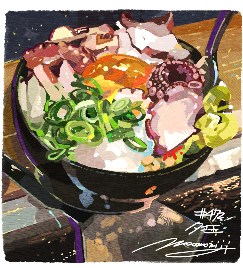 bowl egg_yolk food food_focus highres meat momiji_mao no_humans original seafood signature spoon spring_onion still_life tentacles vegetable