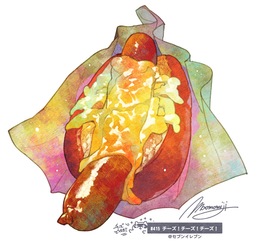 absurdres bread bread_bun food food_focus highres huge_filesize meat momiji_mao napkin no_humans original realistic sauce sausage signature simple_background still_life translation_request white_background