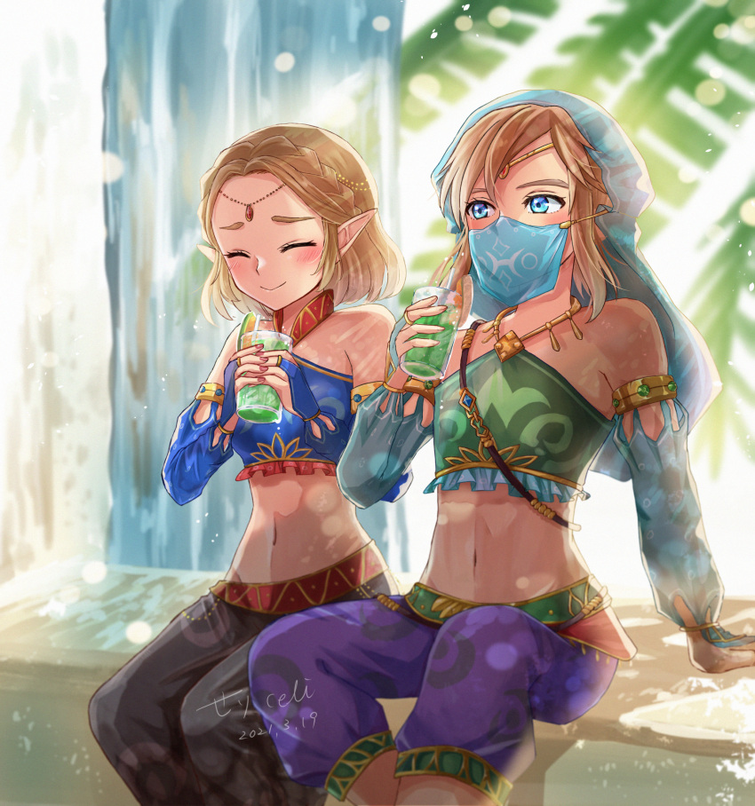 1boy 1girl blonde_hair blue_eyes blush bridal_gauntlets circlet crossdressing cup detached_sleeves drinking_glass gerudo_set_(zelda) highres link mouth_veil navel otoko_no_ko pointy_ears princess_zelda seri_(yuukasakura) short_hair sitting smile stomach the_legend_of_zelda the_legend_of_zelda:_breath_of_the_wild