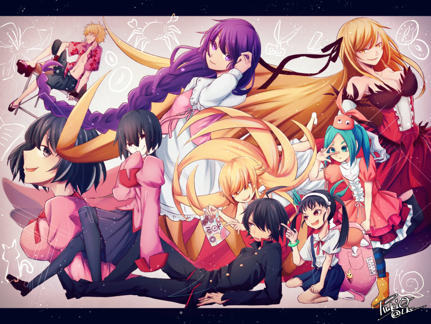 2boys ahegao aqua_eyes aqua_hair araragi_koyomi bangs black_eyes black_hair blonde_hair braid breasts character_doll hachikuji_mayoi hair_ribbon hanekawa_tsubasa hat highres kiss-shot_acerola-orion_heart-under-blade lks14 long_braid long_hair monogatari_(series) multiple_boys multiple_girls naoetsu_high_school_uniform ononoki_yotsugi orange_eyes orange_headwear oshino_ougi oshino_shinobu purple_eyes purple_hair ribbon school_uniform senjougahara_hitagi short_hair striped striped_legwear twintails v yellow_eyes yellow_neckwear