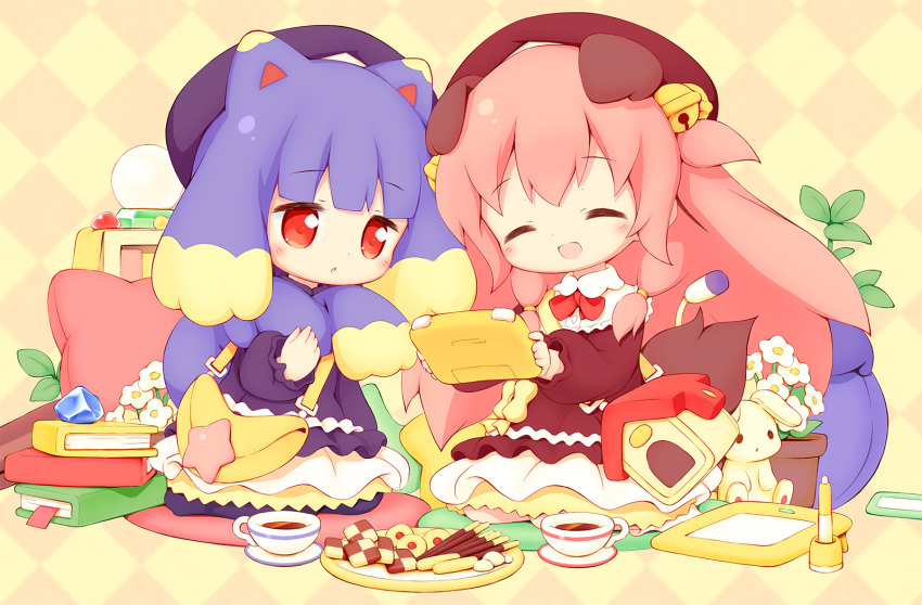 2girls :d ^_^ aikei_ake animal_ears argyle argyle_background bag bell beret black_dress black_headwear blonde_hair blush book book_stack brown_dress brown_headwear checkerboard_cookie closed_eyes commentary_request cookie cup dog_ears dog_tail drawing_tablet dress flower flower_pot food hair_bell hair_ornament handheld_game_console hat highres holding jingle_bell long_hair long_sleeves multicolored_hair multiple_girls open_mouth original parted_lips pink_hair pocky puffy_long_sleeves puffy_sleeves purple_hair red_eyes saucer shoulder_bag smile stuffed_animal stuffed_bunny stuffed_toy tail two-tone_hair two_side_up very_long_hair white_flower