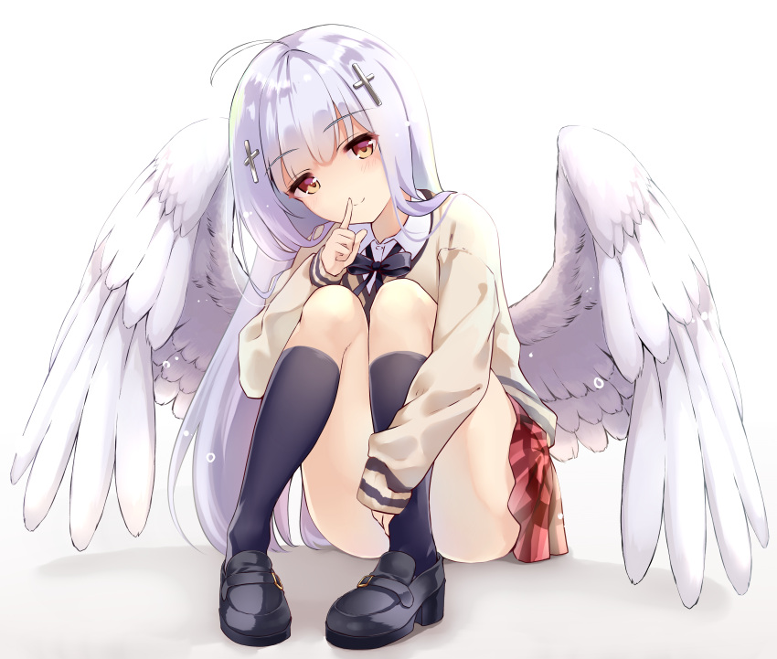 1girl absurdres ahoge angel_wings black_legwear convenient_leg cross_hair_ornament eyebrows_visible_through_hair finger_to_mouth gabriel_dropout hair_ornament highres kneehighs legs_up loafers long_hair sazanka school_uniform shiraha_raphiel_ainsworth shoes silver_hair sitting solo wings yellow_eyes